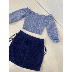 Zara Womens Blue Gingham Plaid Ruffle Top & Fringed Skirt Bundle Size S